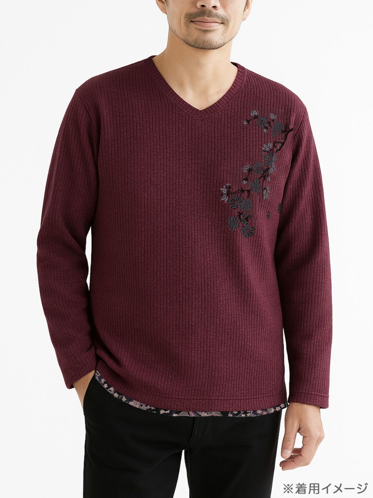 【雅結】桜刺繍 ワッフル生地VネックロンT