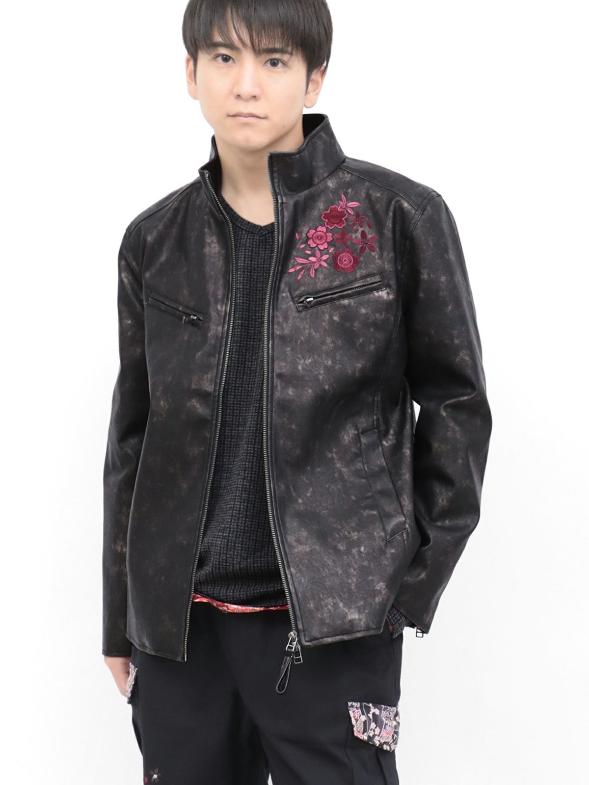 【雅結】桜刺繍ムラ染めフェイクレザージャケット