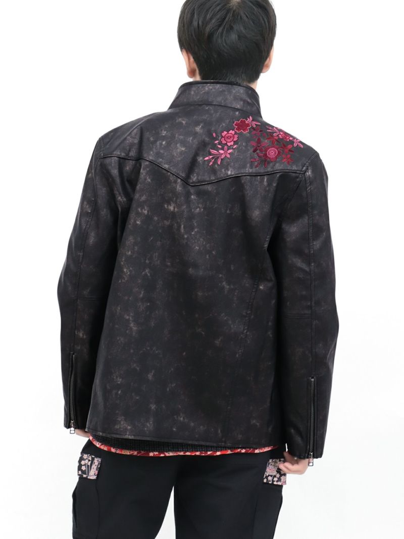 【雅結】桜刺繍ムラ染めフェイクレザージャケット