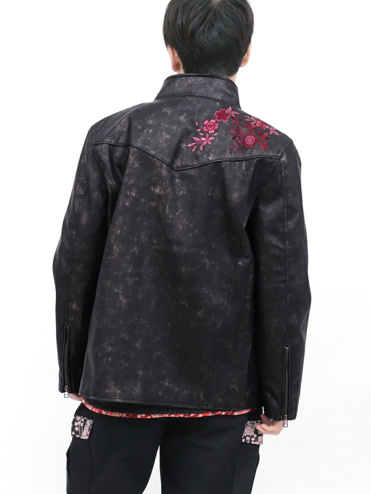 【雅結】桜刺繍ムラ染めフェイクレザージャケット