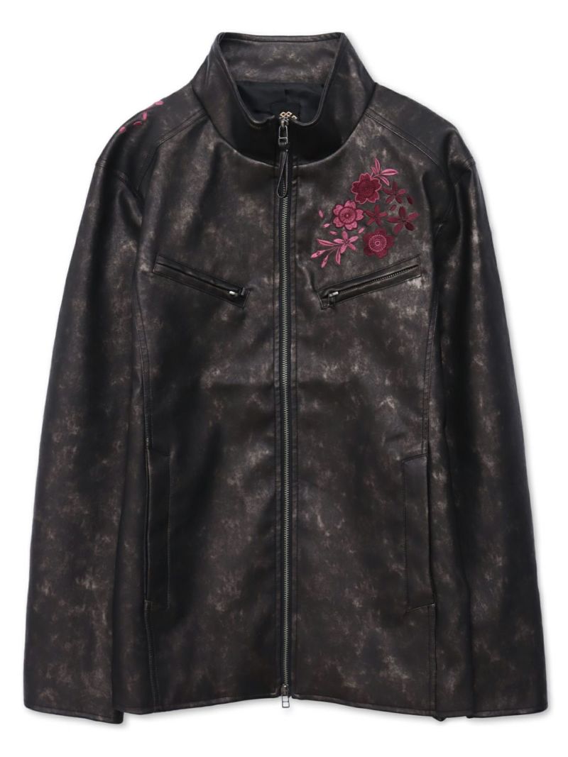 【雅結】桜刺繍ムラ染めフェイクレザージャケット