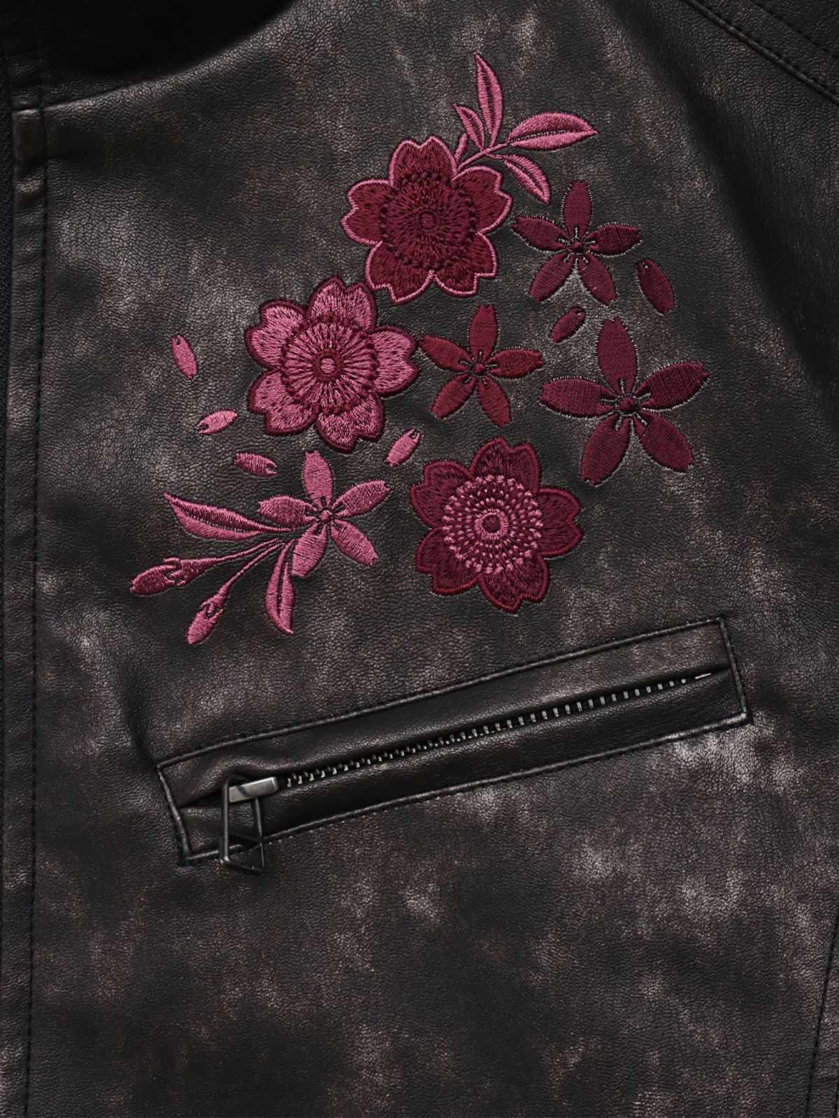 【雅結】桜刺繍ムラ染めフェイクレザージャケット