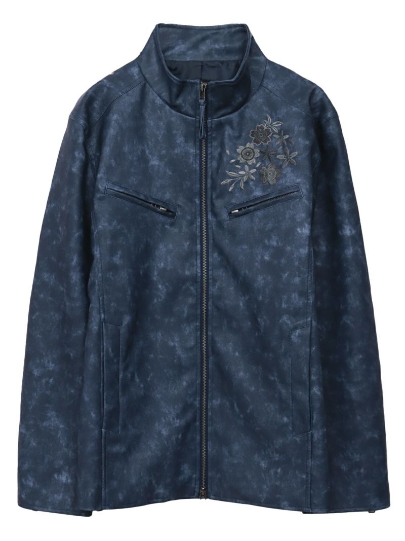 【雅結】桜刺繍ムラ染めフェイクレザージャケット