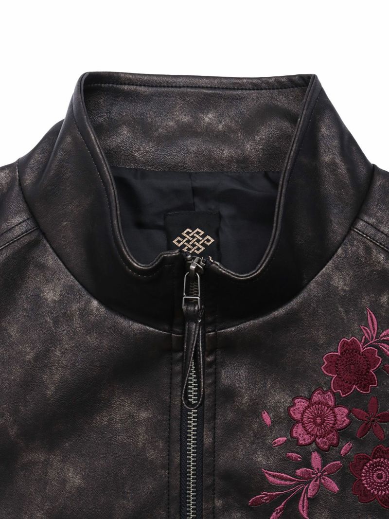 【雅結】桜刺繍ムラ染めフェイクレザージャケット