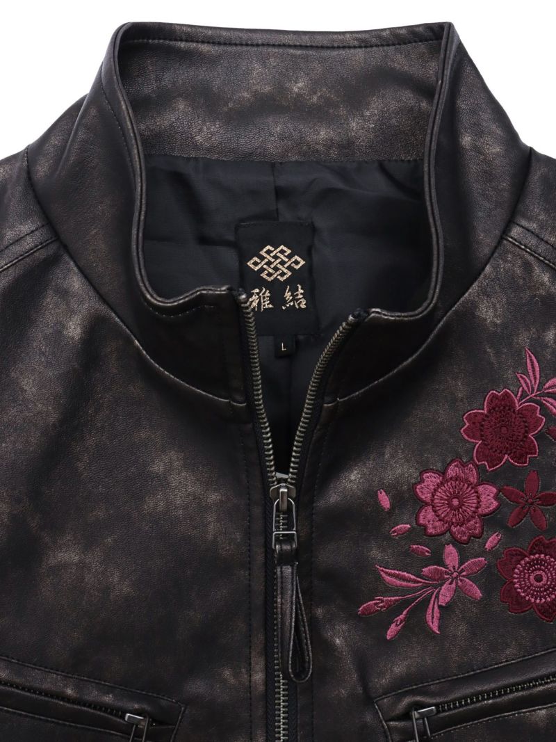 【雅結】桜刺繍ムラ染めフェイクレザージャケット