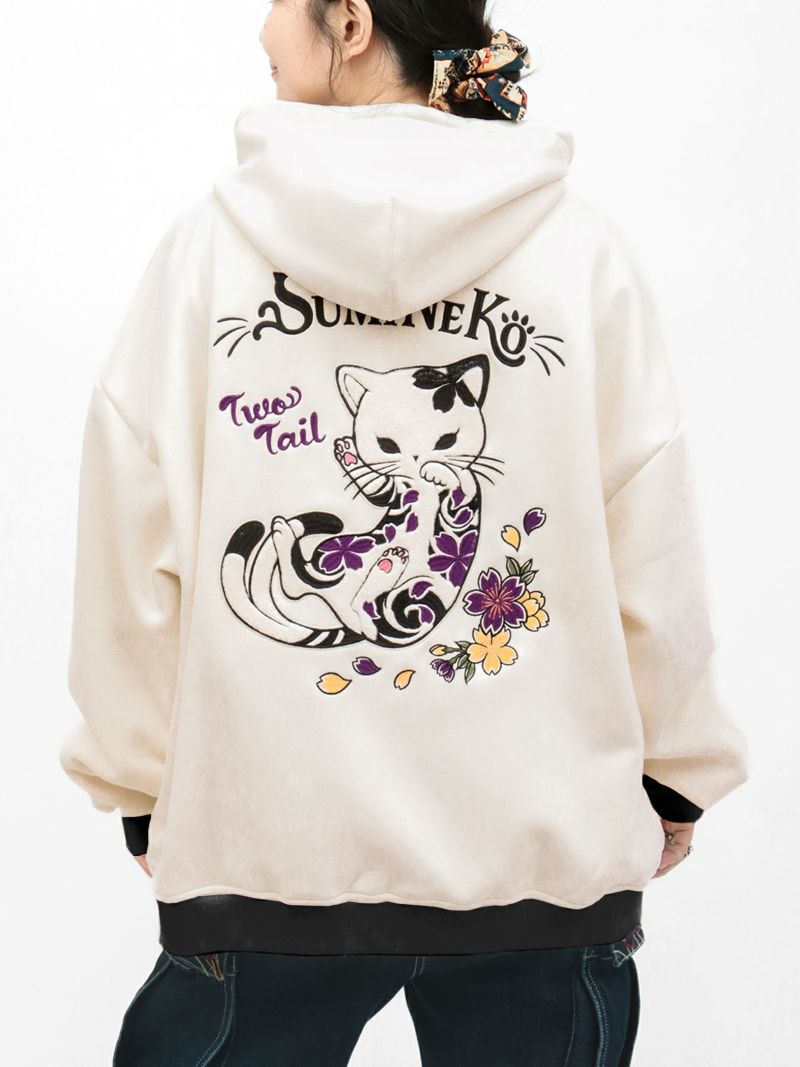  【SUMINEKO】“桜墨猫”裏ファーBIGシルエットZIPパーカー