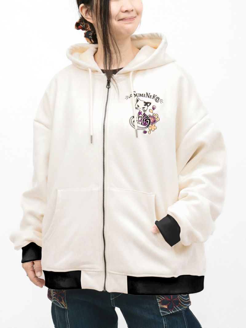  【SUMINEKO】“桜墨猫”裏ファーBIGシルエットZIPパーカー