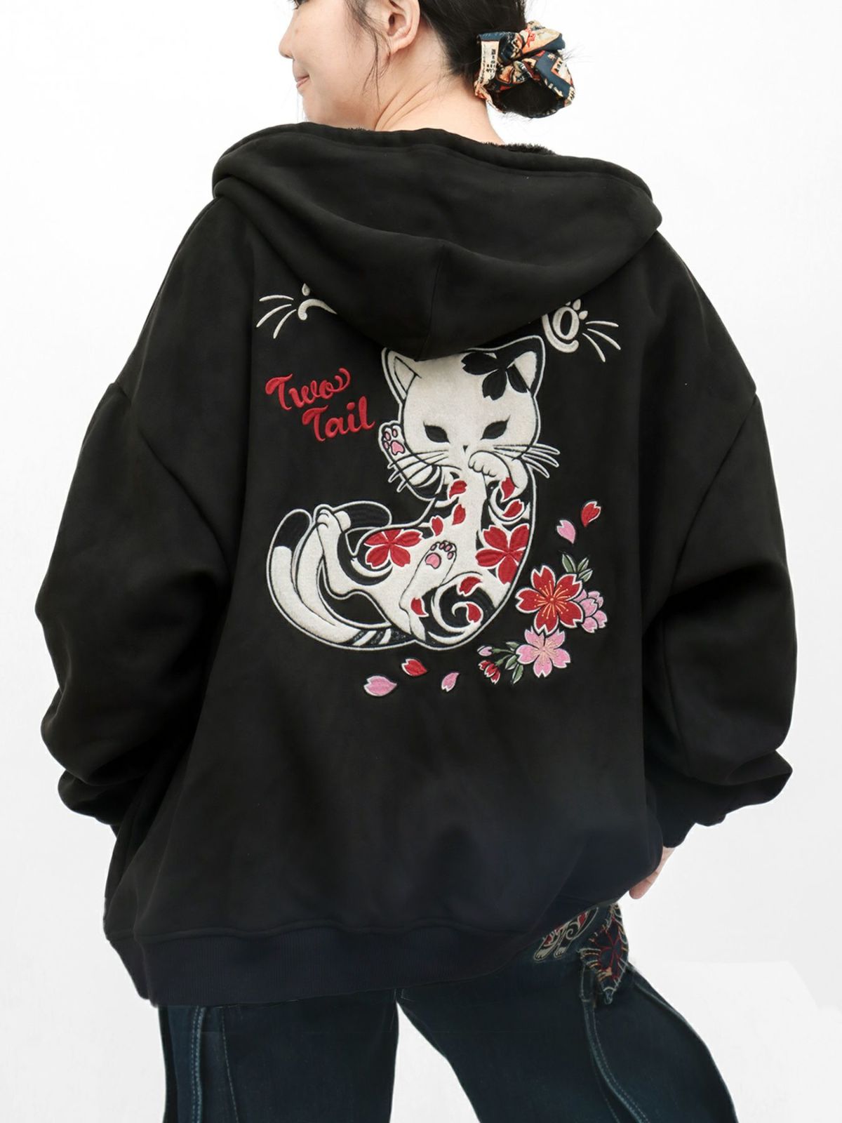  【SUMINEKO】“桜墨猫”裏ファーBIGシルエットZIPパーカー