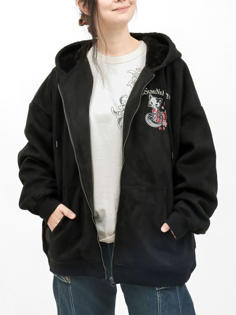  【SUMINEKO】“桜墨猫”裏ファーBIGシルエットZIPパーカー