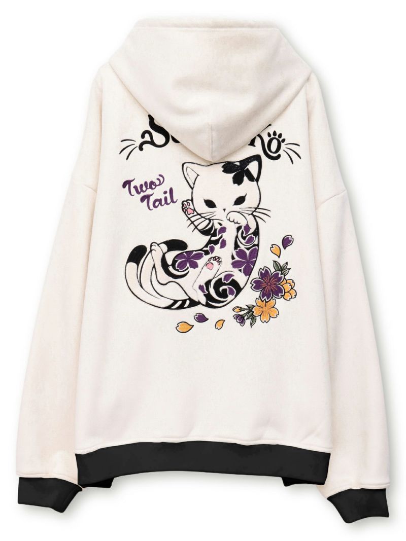  【SUMINEKO】“桜墨猫”裏ファーBIGシルエットZIPパーカー