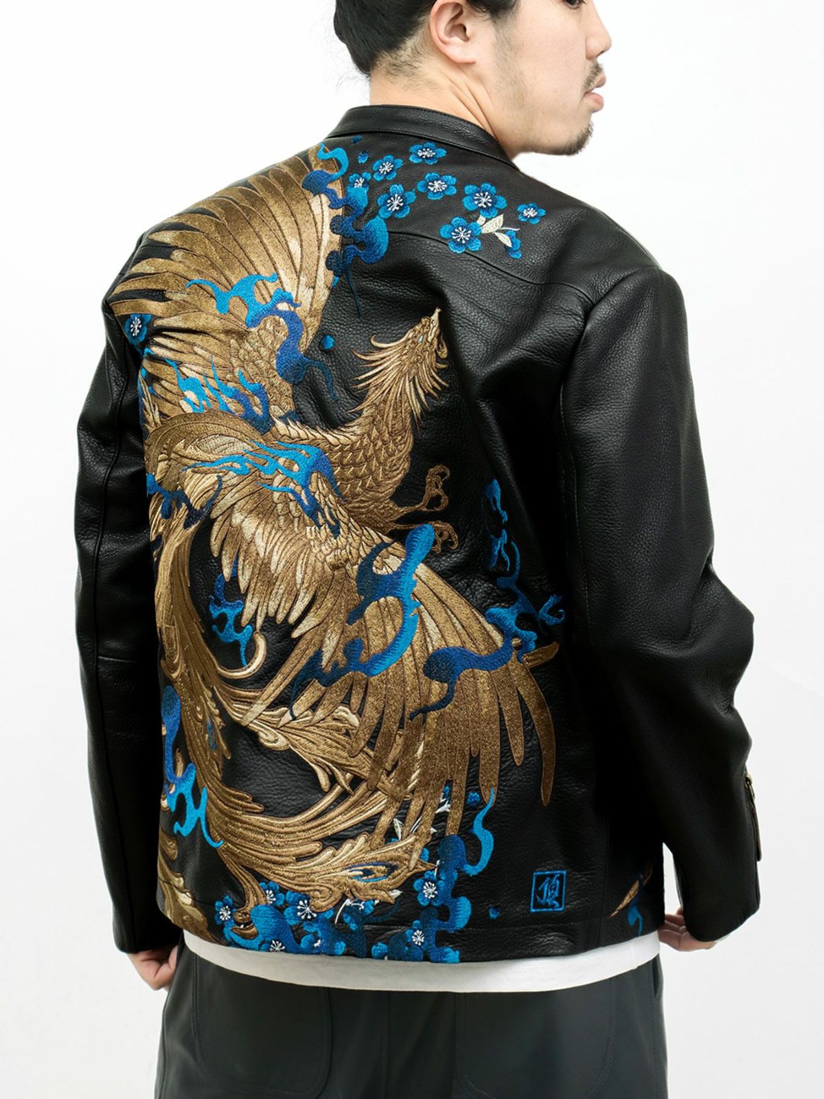  ＜予約＞【絡繰魂・頂】“蒼炎”鳳凰刺繍入りレザージャケット