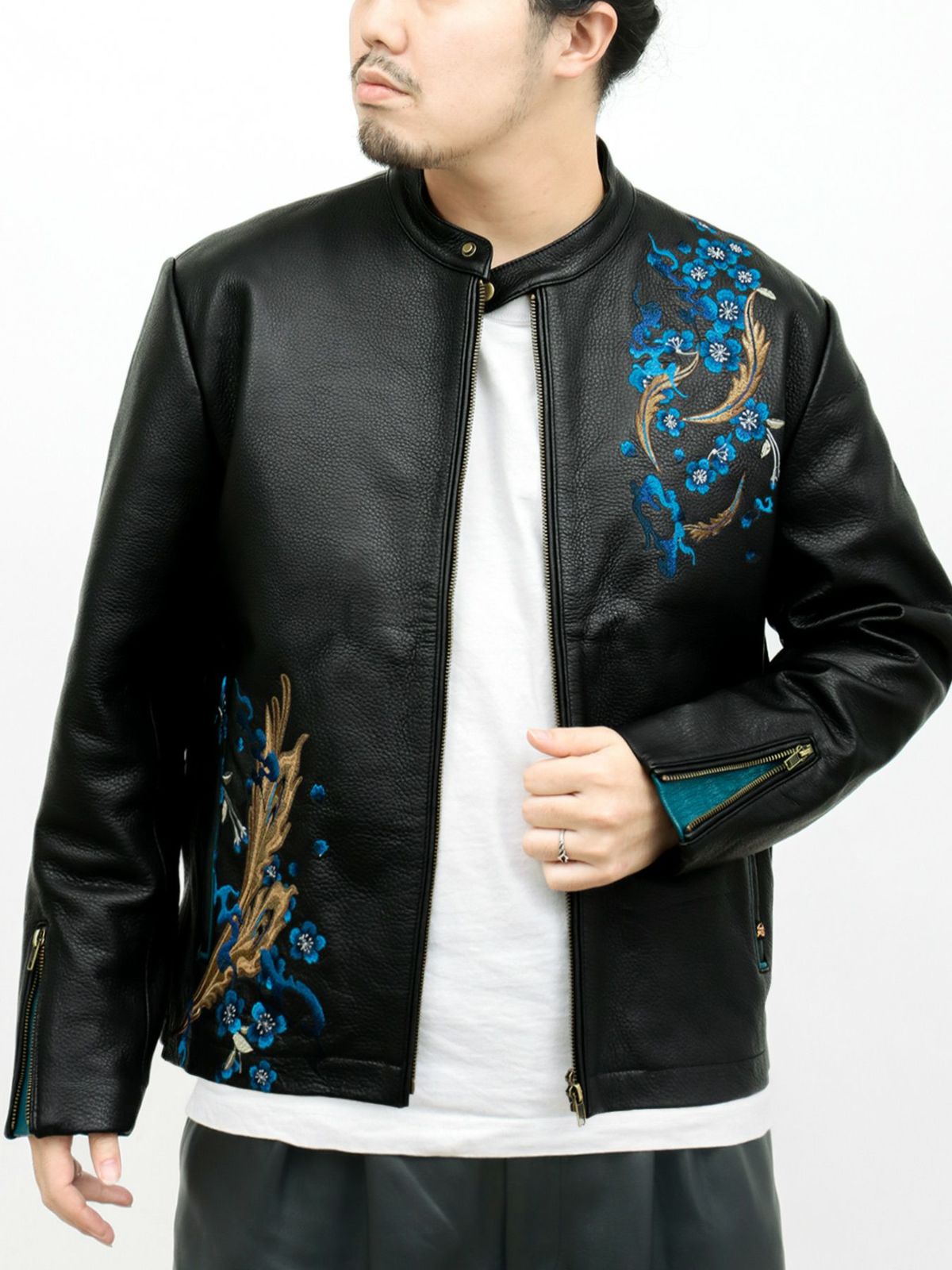  ＜予約＞【絡繰魂・頂】“蒼炎”鳳凰刺繍入りレザージャケット