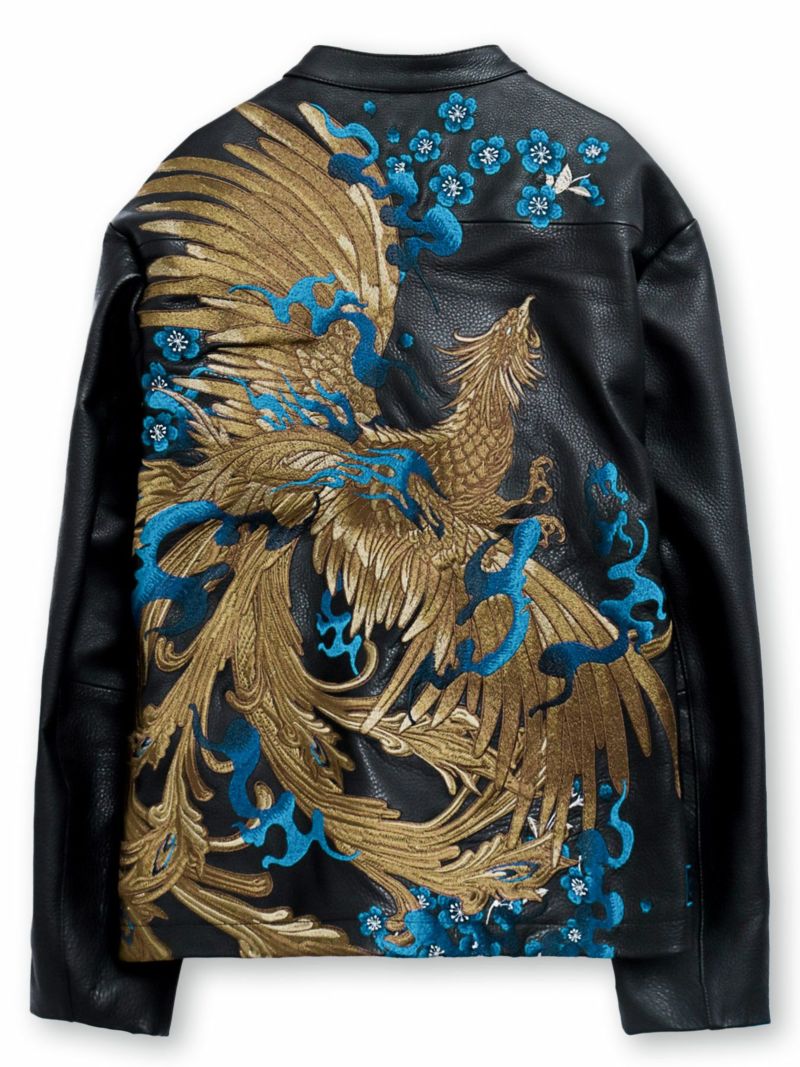  ＜予約＞【絡繰魂・頂】“蒼炎”鳳凰刺繍入りレザージャケット