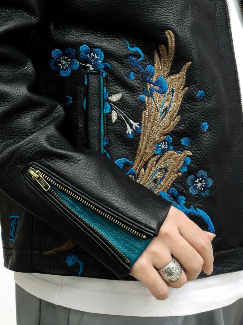  ＜予約＞【絡繰魂・頂】“蒼炎”鳳凰刺繍入りレザージャケット