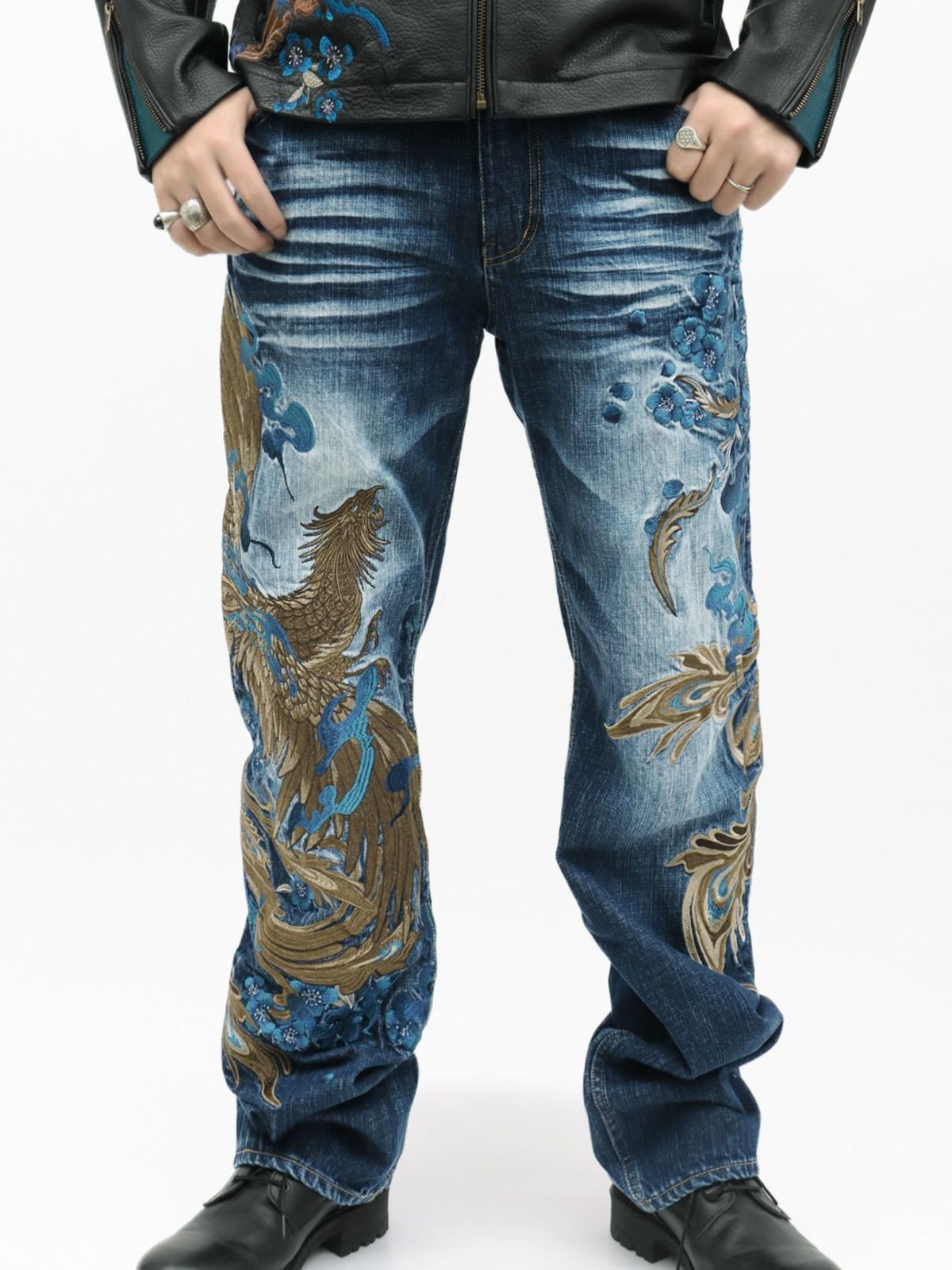  ＜予約＞【絡繰魂・頂】“蒼炎”鳳凰総刺繍デニムパンツ