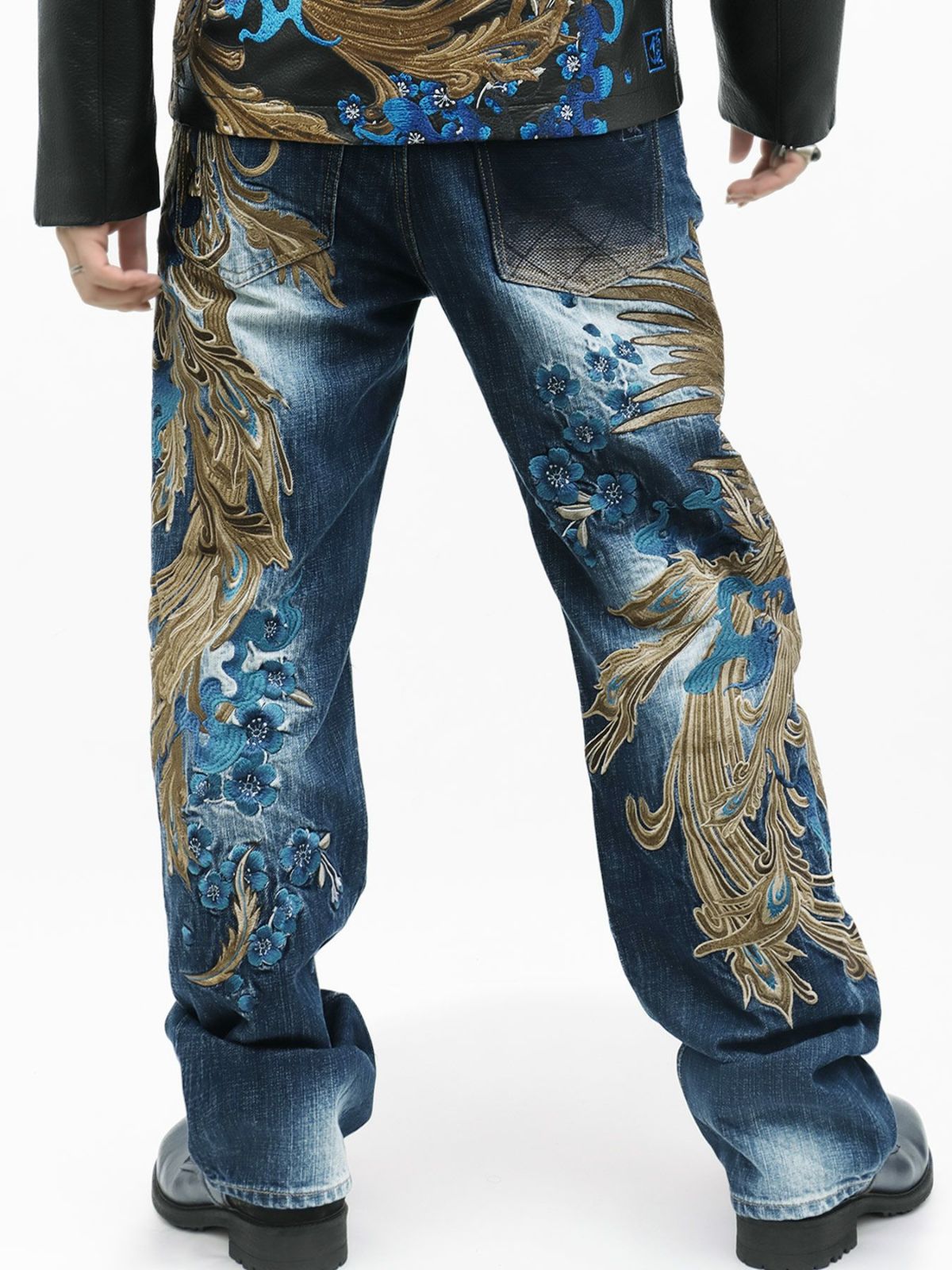  ＜予約＞【絡繰魂・頂】“蒼炎”鳳凰総刺繍デニムパンツ