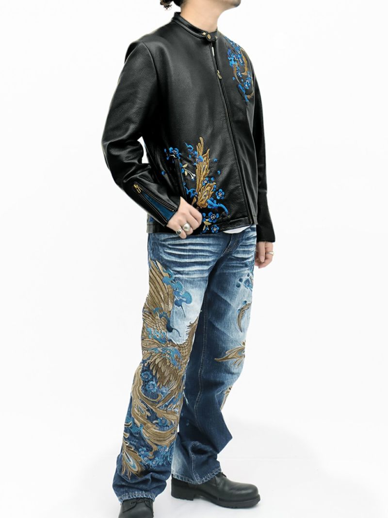  ＜予約＞【絡繰魂・頂】“蒼炎”鳳凰総刺繍デニムパンツ