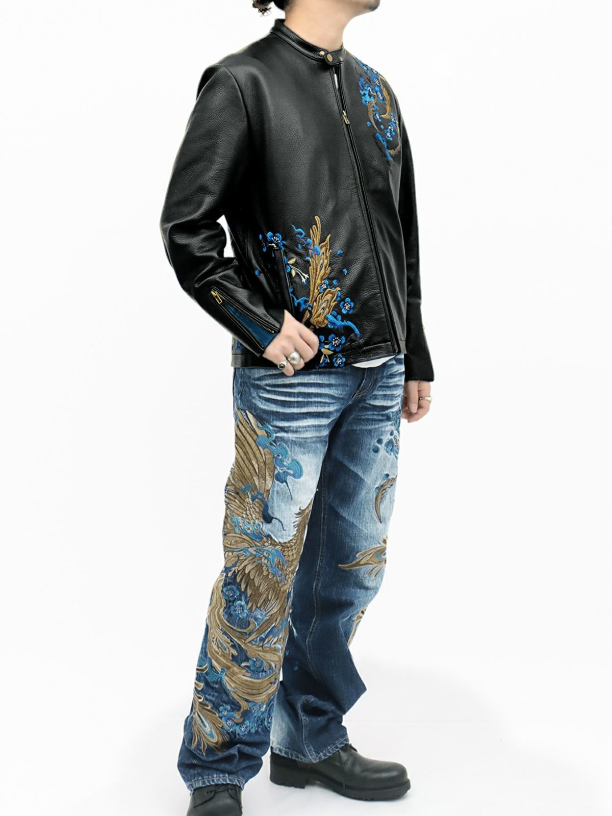  ＜予約＞【絡繰魂・頂】“蒼炎”鳳凰総刺繍デニムパンツ