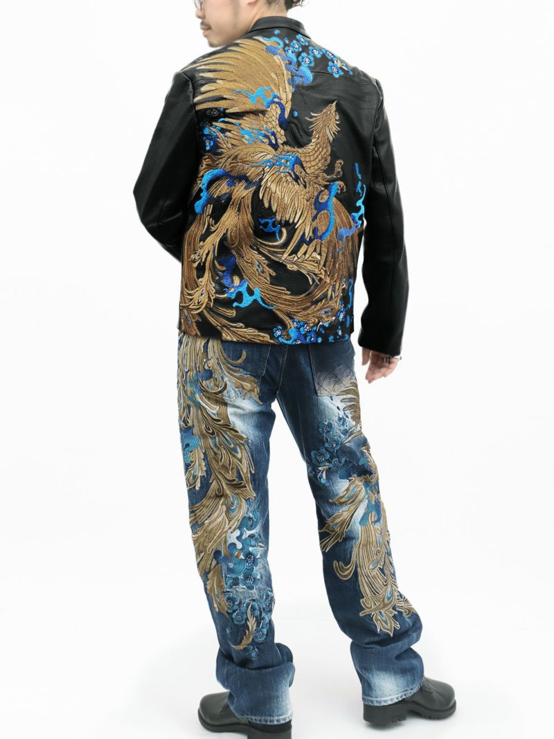  ＜予約＞【絡繰魂・頂】“蒼炎”鳳凰総刺繍デニムパンツ