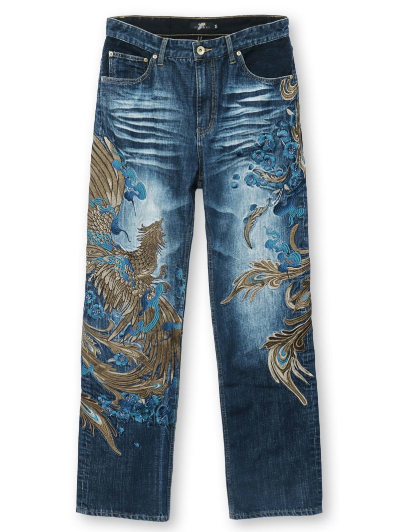  ＜予約＞【絡繰魂・頂】“蒼炎”鳳凰総刺繍デニムパンツ