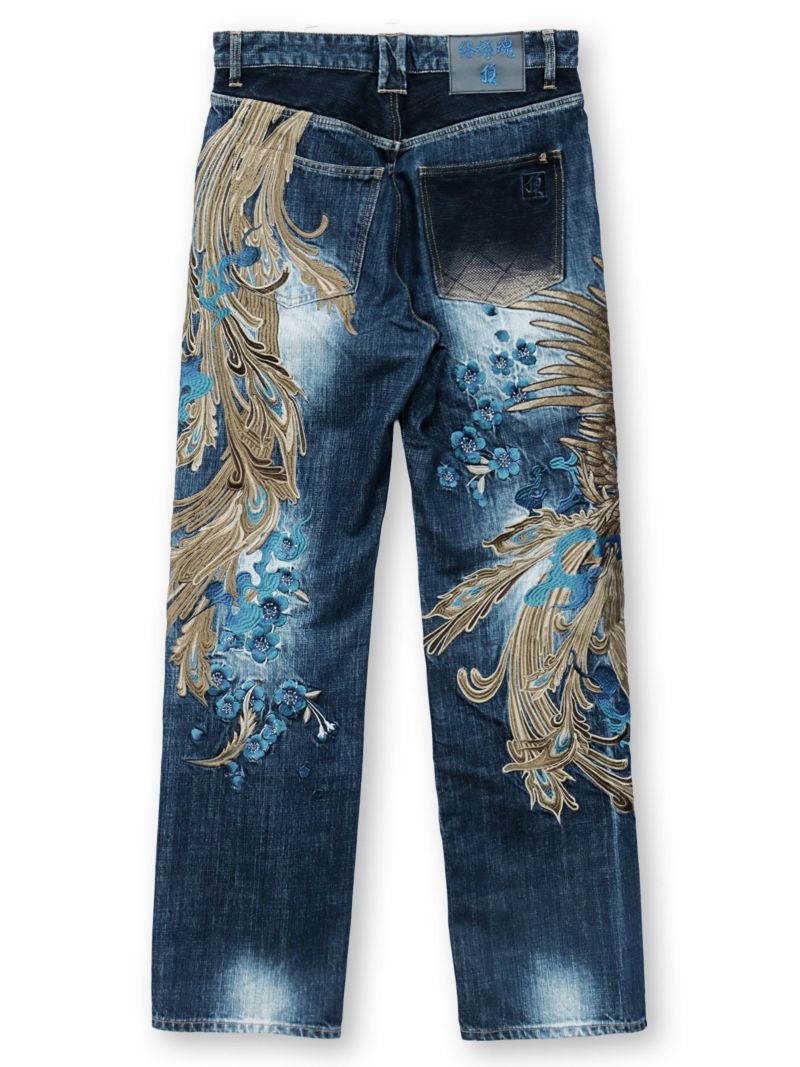  ＜予約＞【絡繰魂・頂】“蒼炎”鳳凰総刺繍デニムパンツ