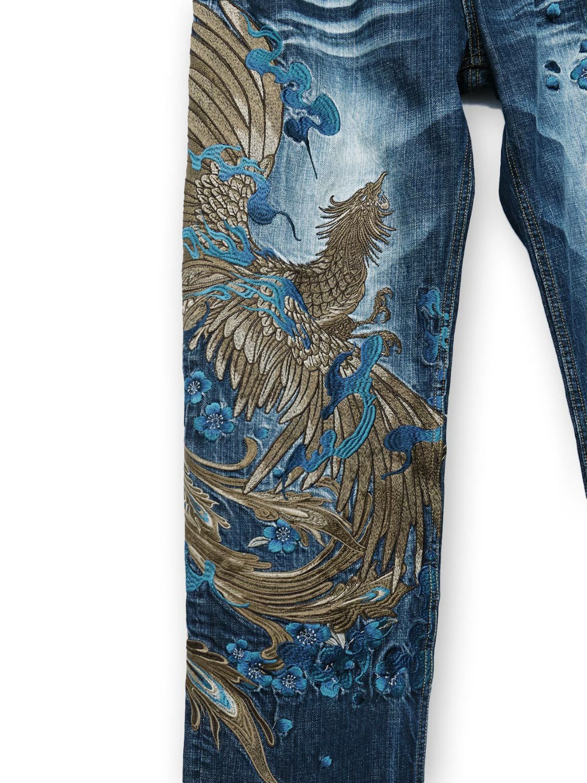  ＜予約＞【絡繰魂・頂】“蒼炎”鳳凰総刺繍デニムパンツ