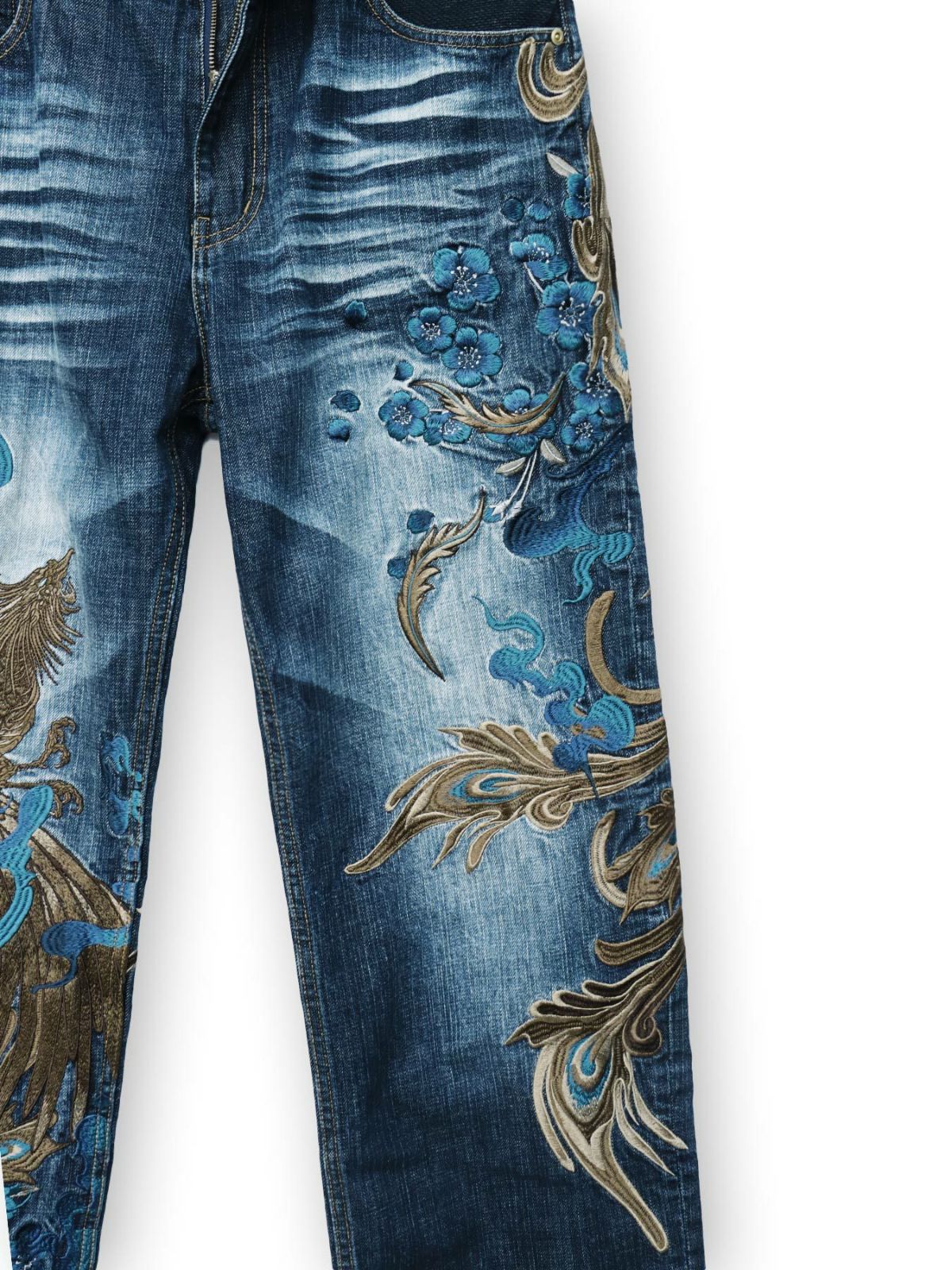  ＜予約＞【絡繰魂・頂】“蒼炎”鳳凰総刺繍デニムパンツ