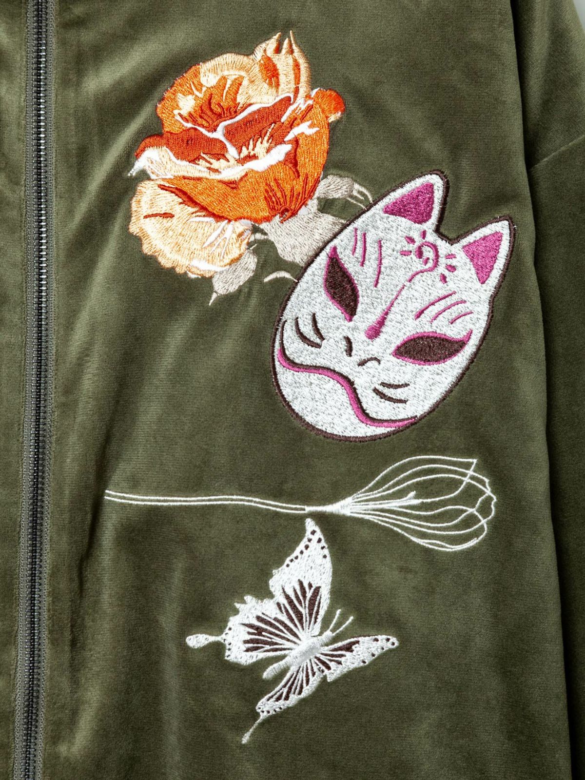 【今昔 -KON-JAKU-】“花のおくりもの”刺繍入りベロアフードJKT