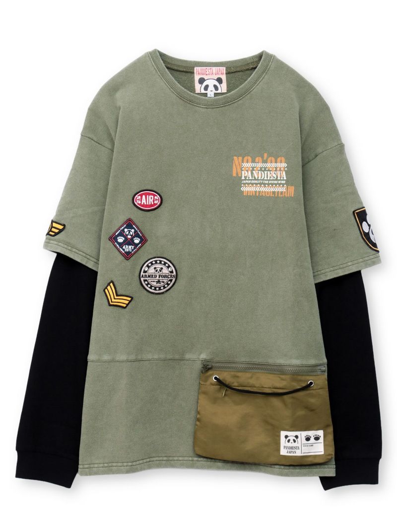 【PANDIESTA JAPAN】サコッシュ付き刺繍入りフェイクレイヤードスウェットトレーナー