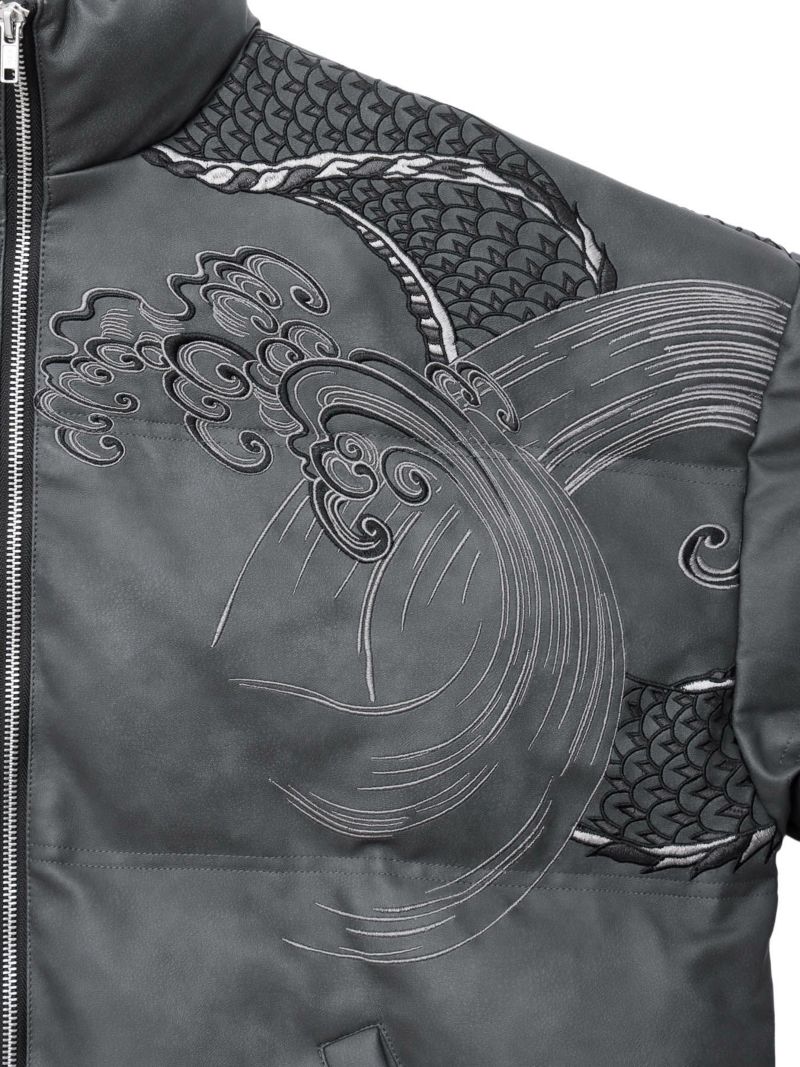  【絡繰魂・粋】“龍神降臨”総刺繍フェイクレザー中綿ブルゾン