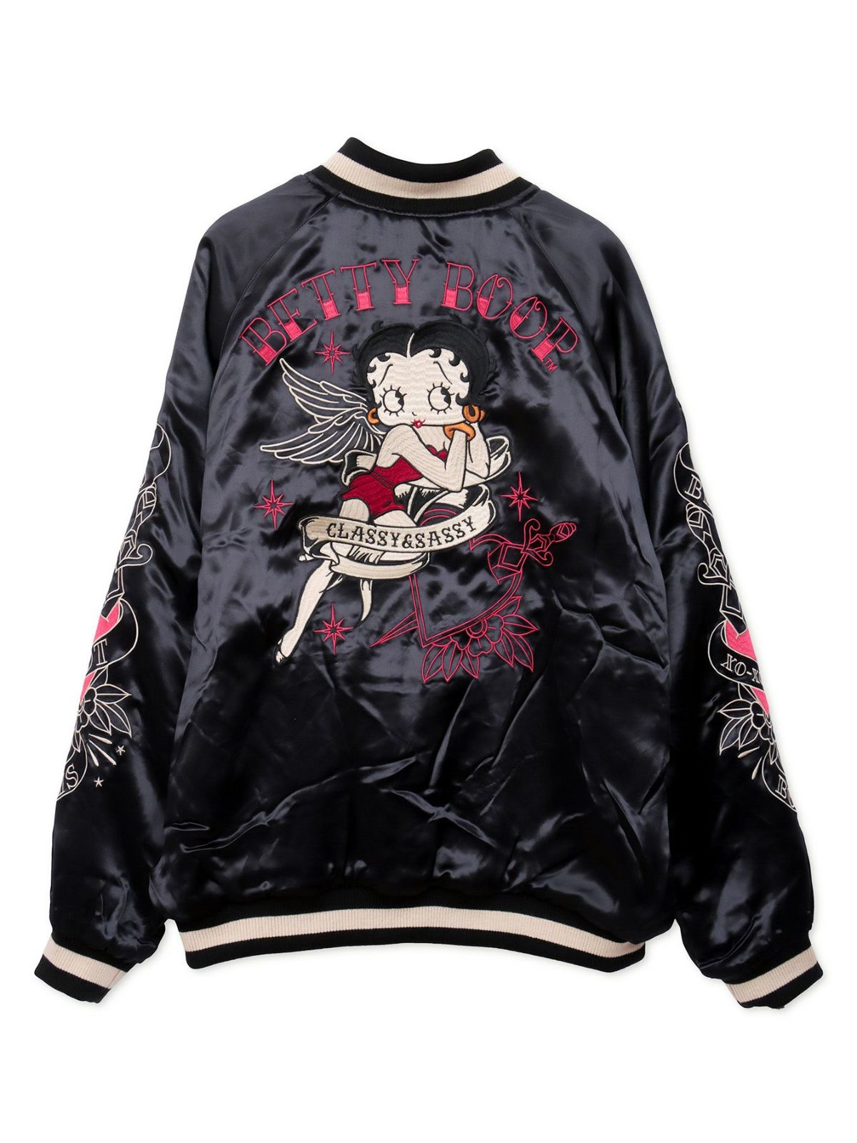 【BETTY BOOP】“黒猫&白猫ベイビーベティ”刺繍入りリバーシブルファースカジャン〔別注〕