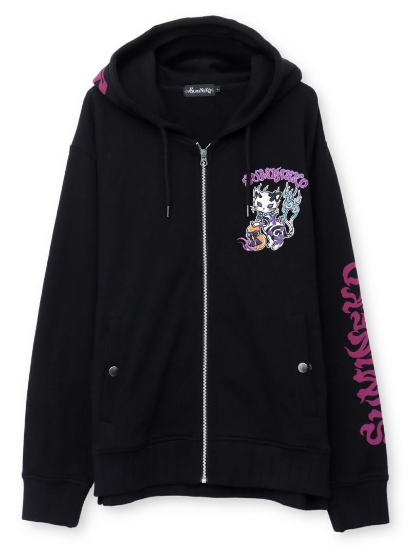 【SUMINEKO】“鬼猫”刺繍入りサイドボタンZIPパーカー