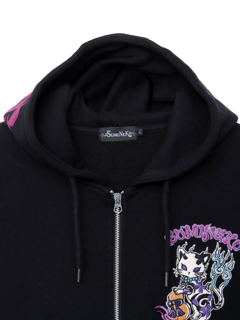 【SUMINEKO】“鬼猫”刺繍入りサイドボタンZIPパーカー
