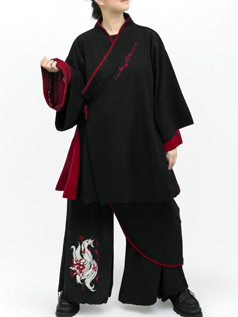 【雅結 -EN-】“九尾”刺繍入りキモノスリーブ8分袖 変形シャツ