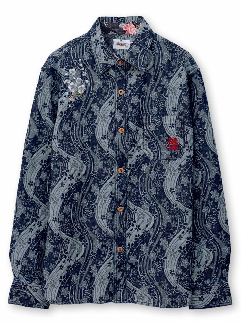 【絡繰魂】“桜流水”デニムジャガード長袖シャツ