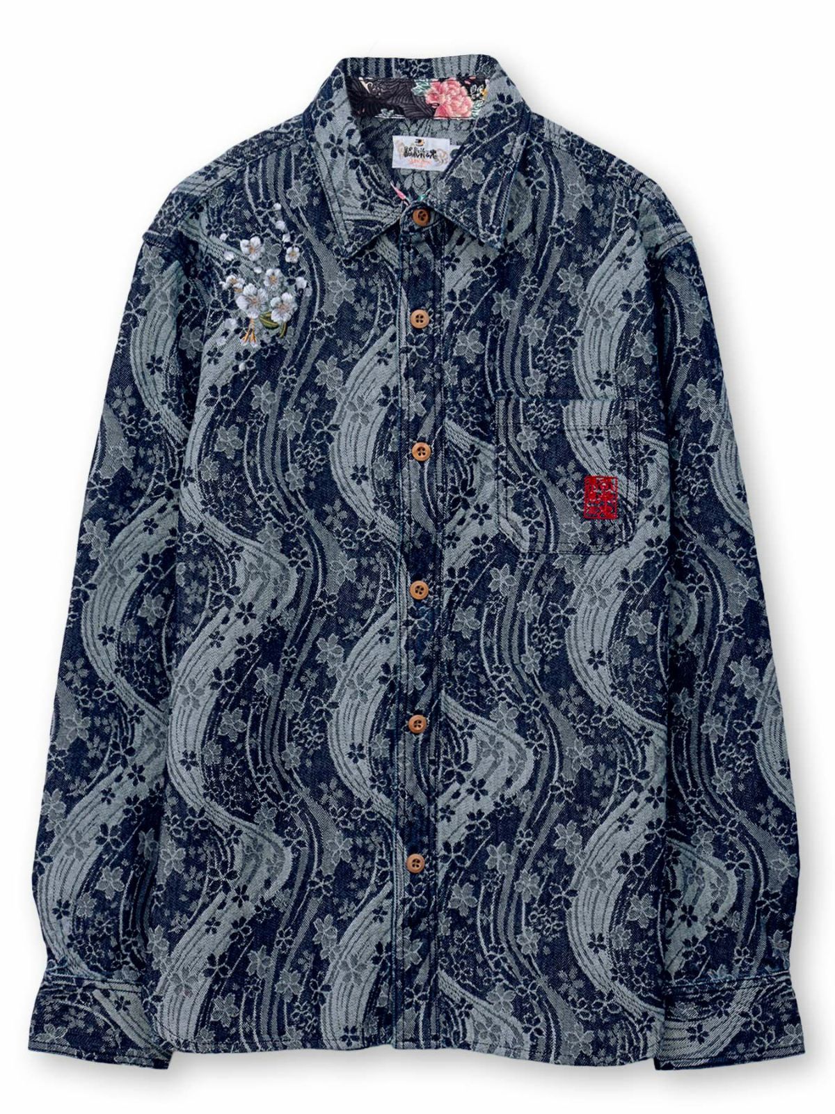 【絡繰魂】“桜流水”デニムジャガード長袖シャツ