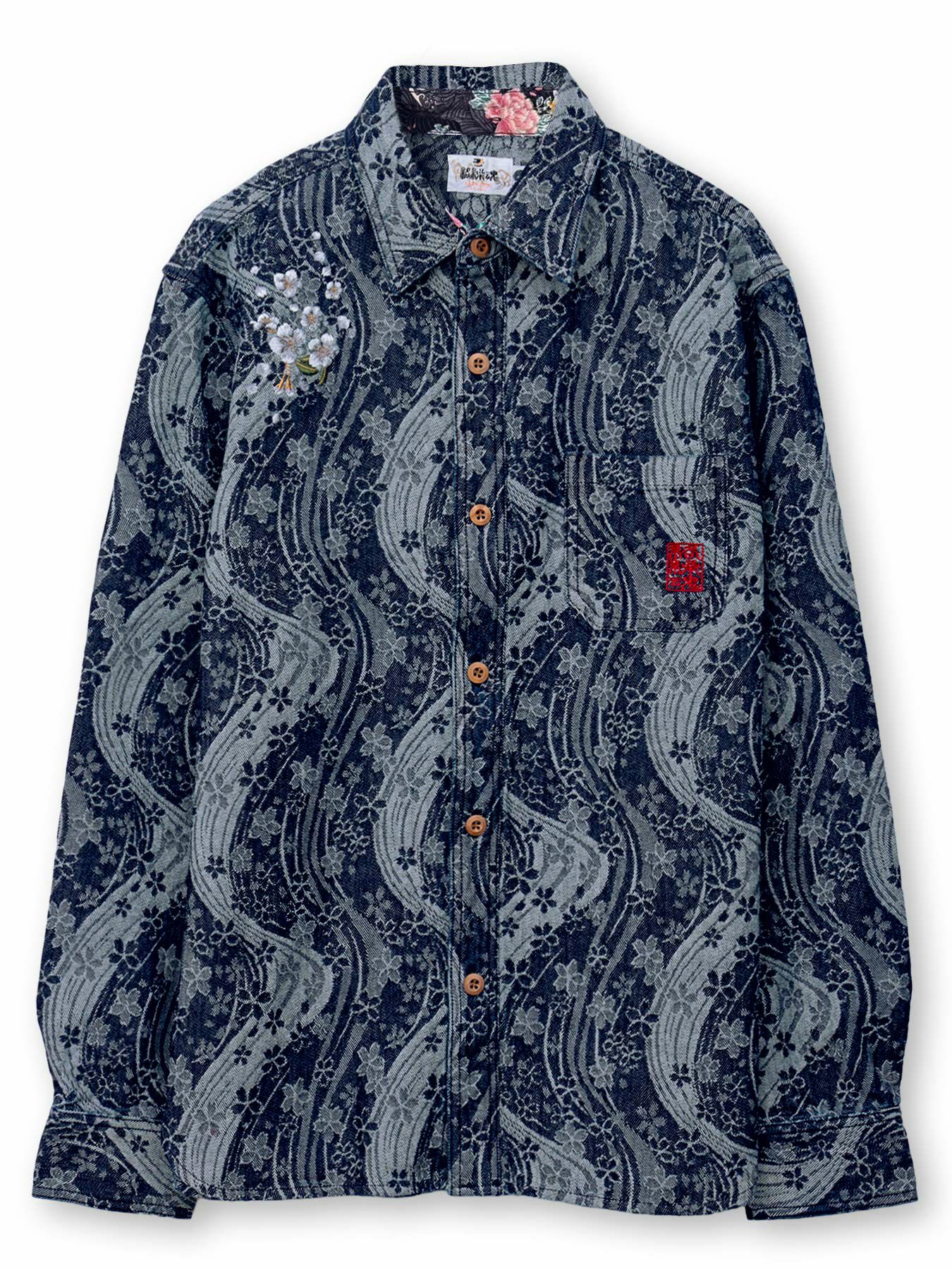 【絡繰魂】“桜流水”デニムジャガード長袖シャツ