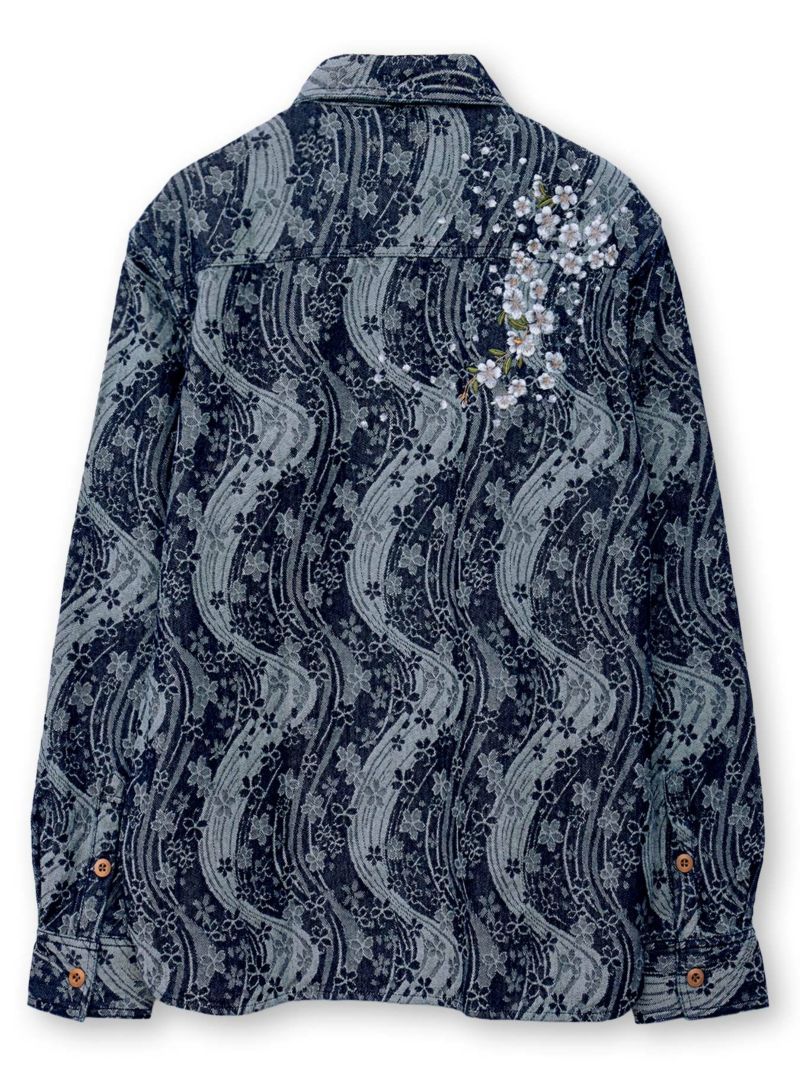 【絡繰魂】“桜流水”デニムジャガード長袖シャツ