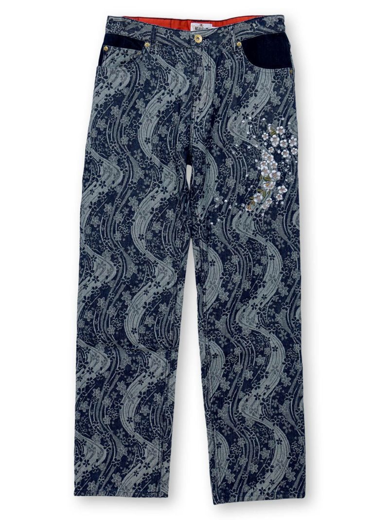 【絡繰魂】“桜流水”ジャガードデニムパンツ