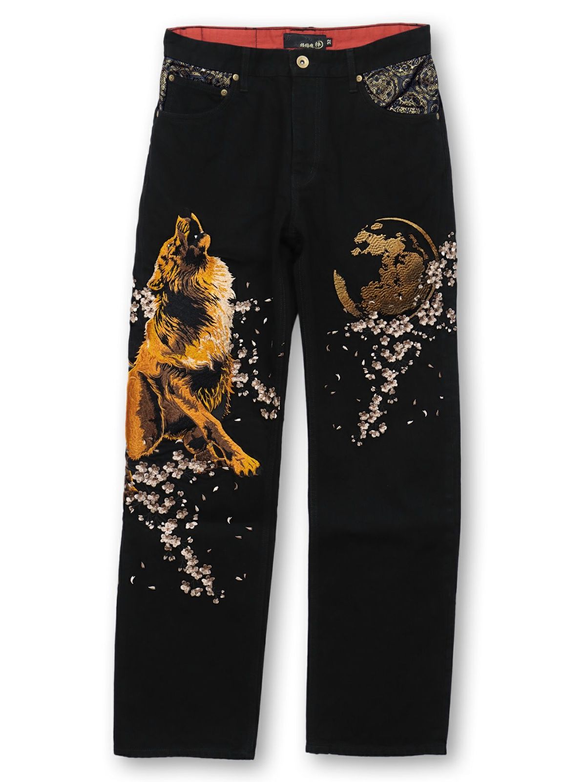 【絡繰魂・粋】“月光狼”刺繍入りデニムパンツ