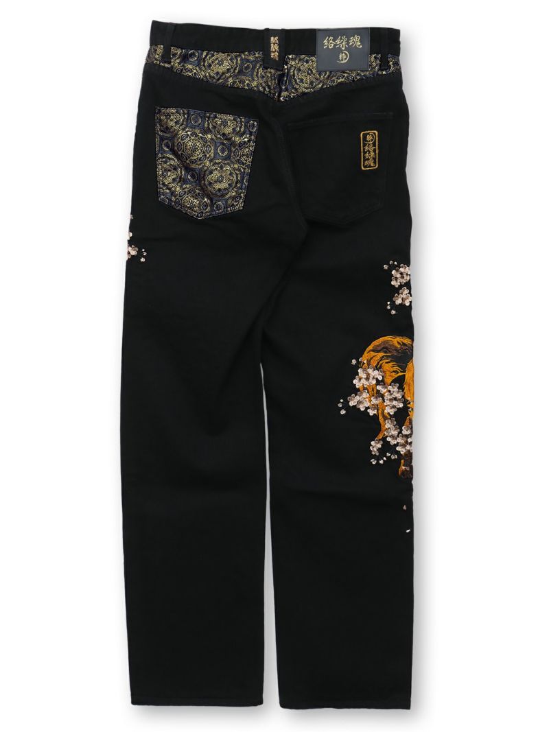 【絡繰魂・粋】“月光狼”刺繍入りデニムパンツ