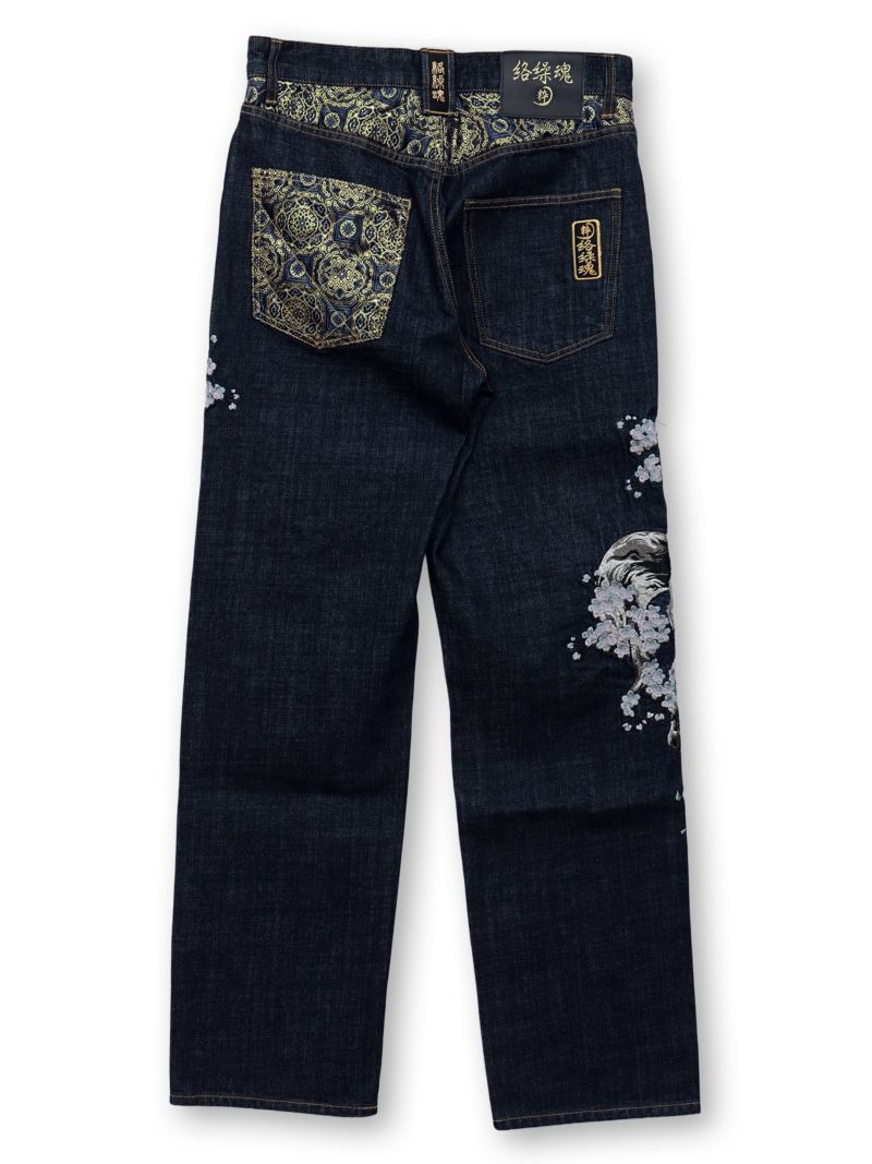 【絡繰魂・粋】“月光狼”刺繍入りデニムパンツ