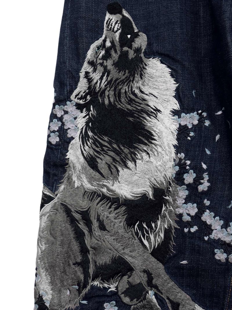 【絡繰魂・粋】“月光狼”刺繍入りデニムパンツ