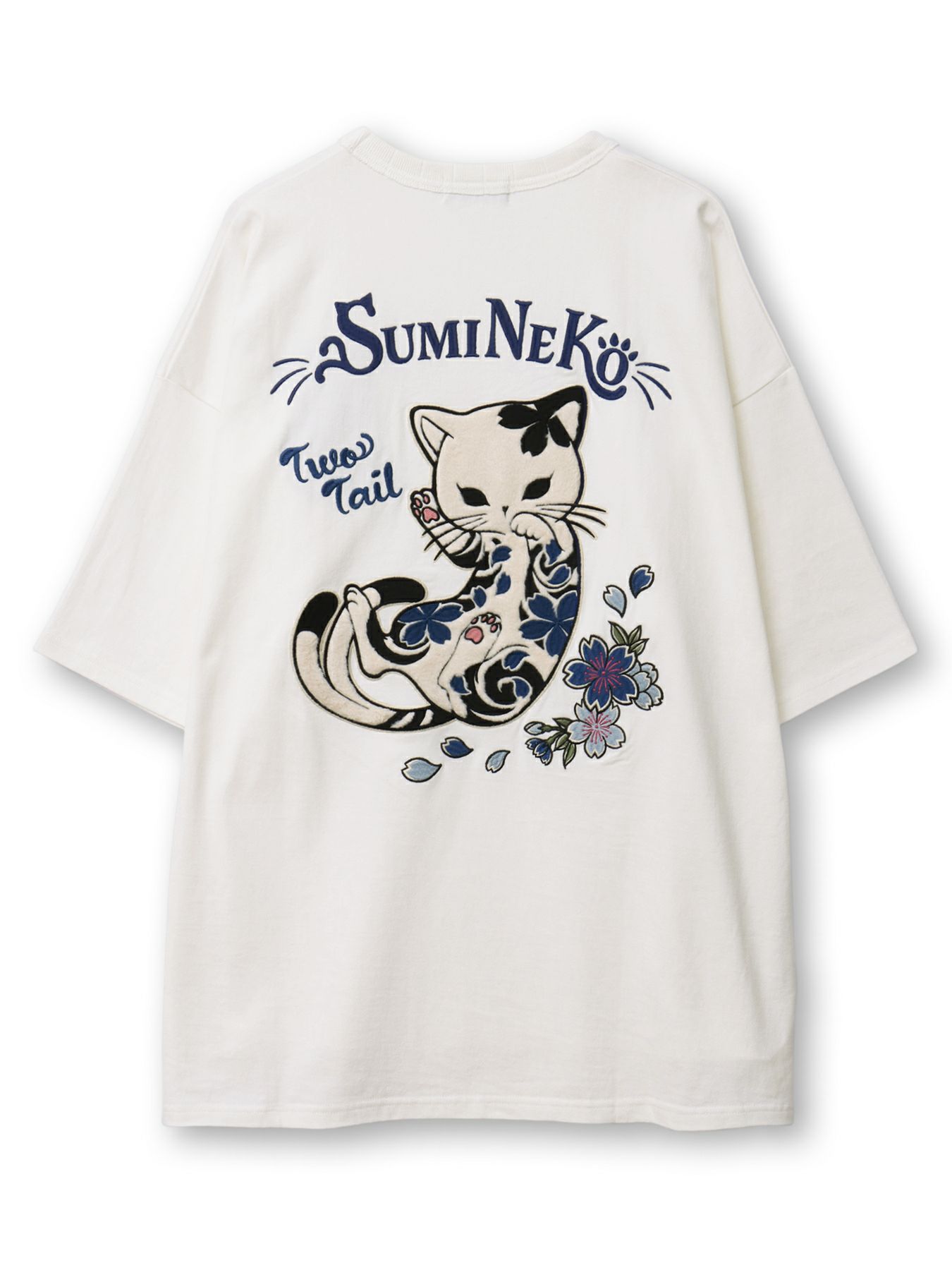  ＜春の予約会＞【SUMINEKO】“桜尽くし墨猫”刺繍入りBIGシルエットTシャツ