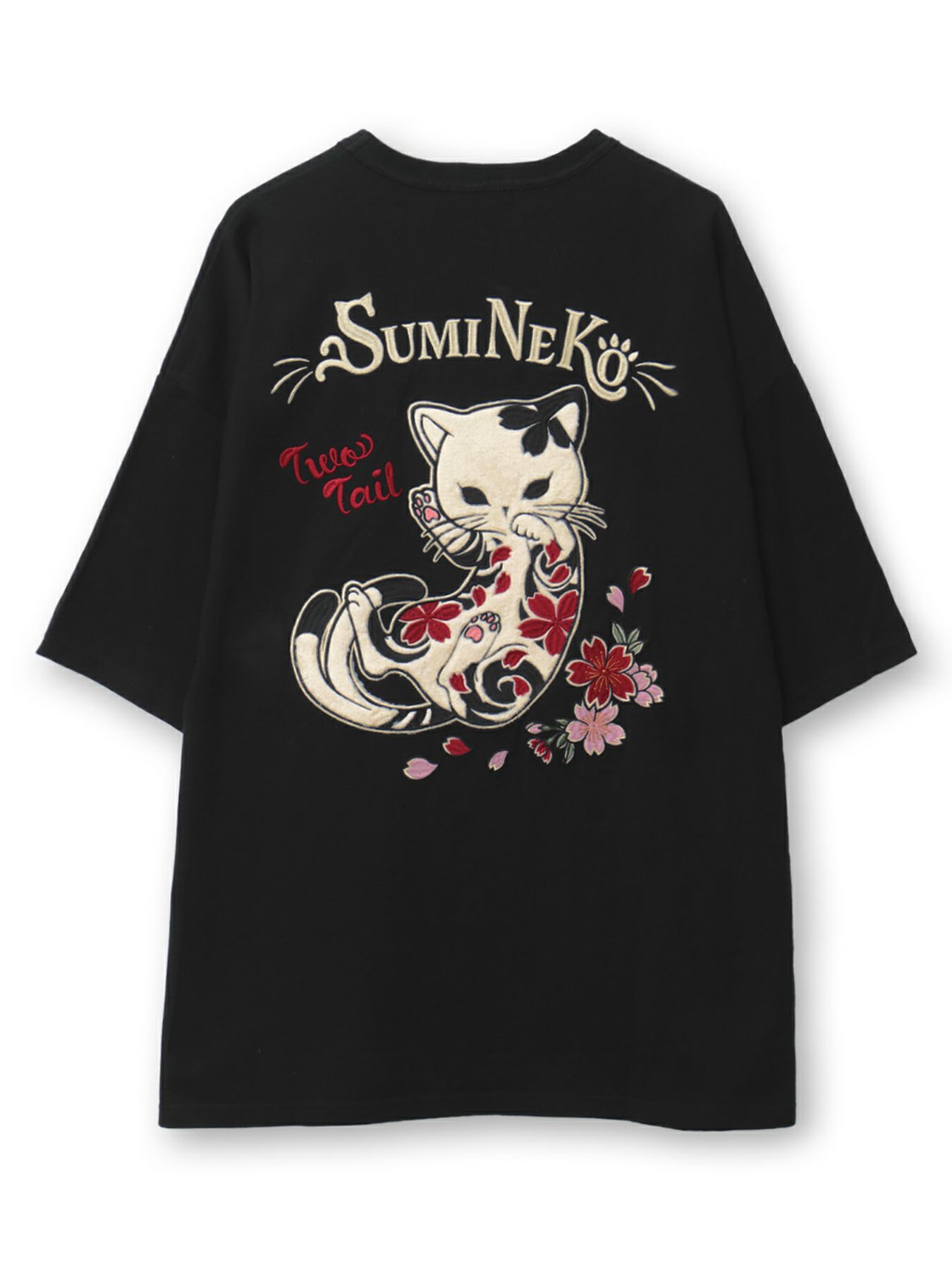  ＜春の予約会＞【SUMINEKO】“桜尽くし墨猫”刺繍入りBIGシルエットTシャツ